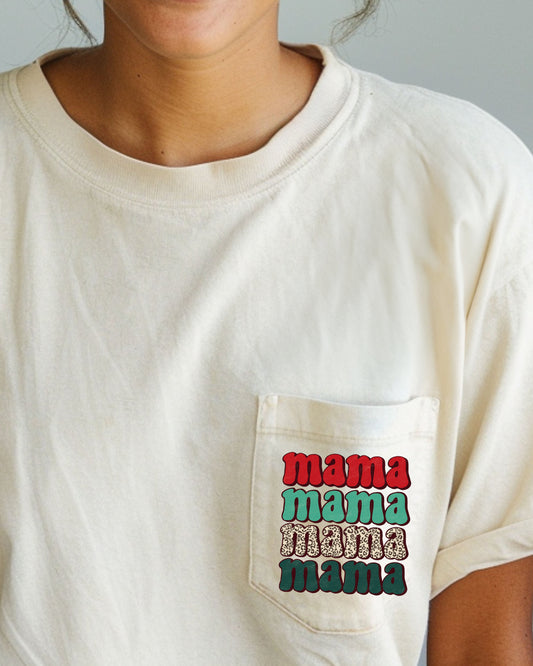 Mama Mama Mama Mama, Christmas Pocket, Leopard Print, Red, Green, Winter, Snow, Xmas Pocket Tee Comfort Colors T-Shirt