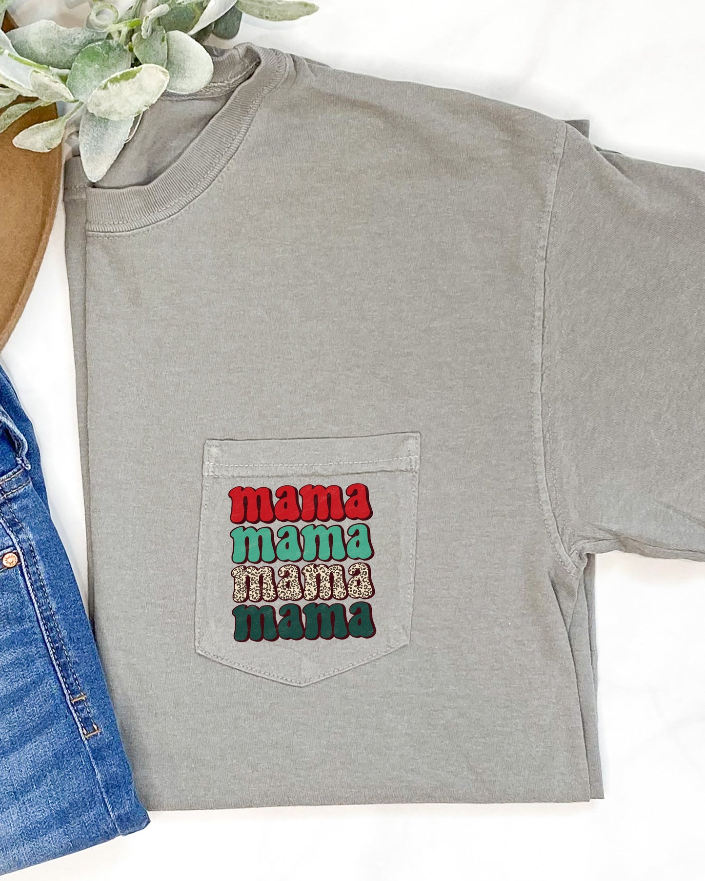 Mama Mama Mama Mama, Christmas Pocket, Leopard Print, Red, Green, Winter, Snow, Xmas Pocket Tee Comfort Colors T-Shirt