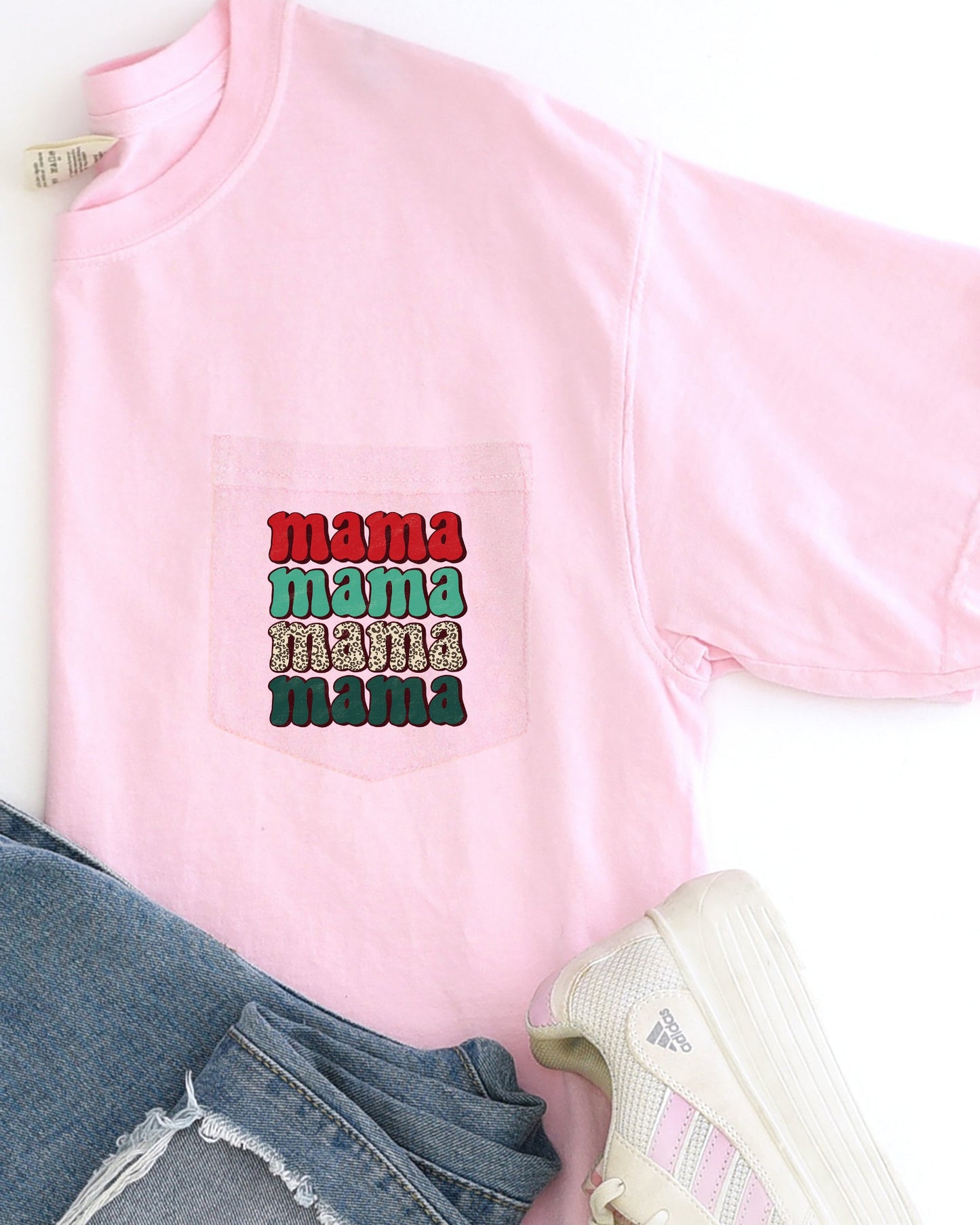 Mama Mama Mama Mama, Christmas Pocket, Leopard Print, Red, Green, Winter, Snow, Xmas Pocket Tee Comfort Colors T-Shirt