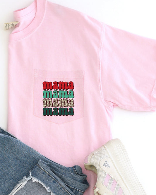 Mama Mama Mama Mama, Christmas Pocket, Leopard Print, Red, Green, Winter, Snow, Xmas Pocket Tee Comfort Colors T-Shirt