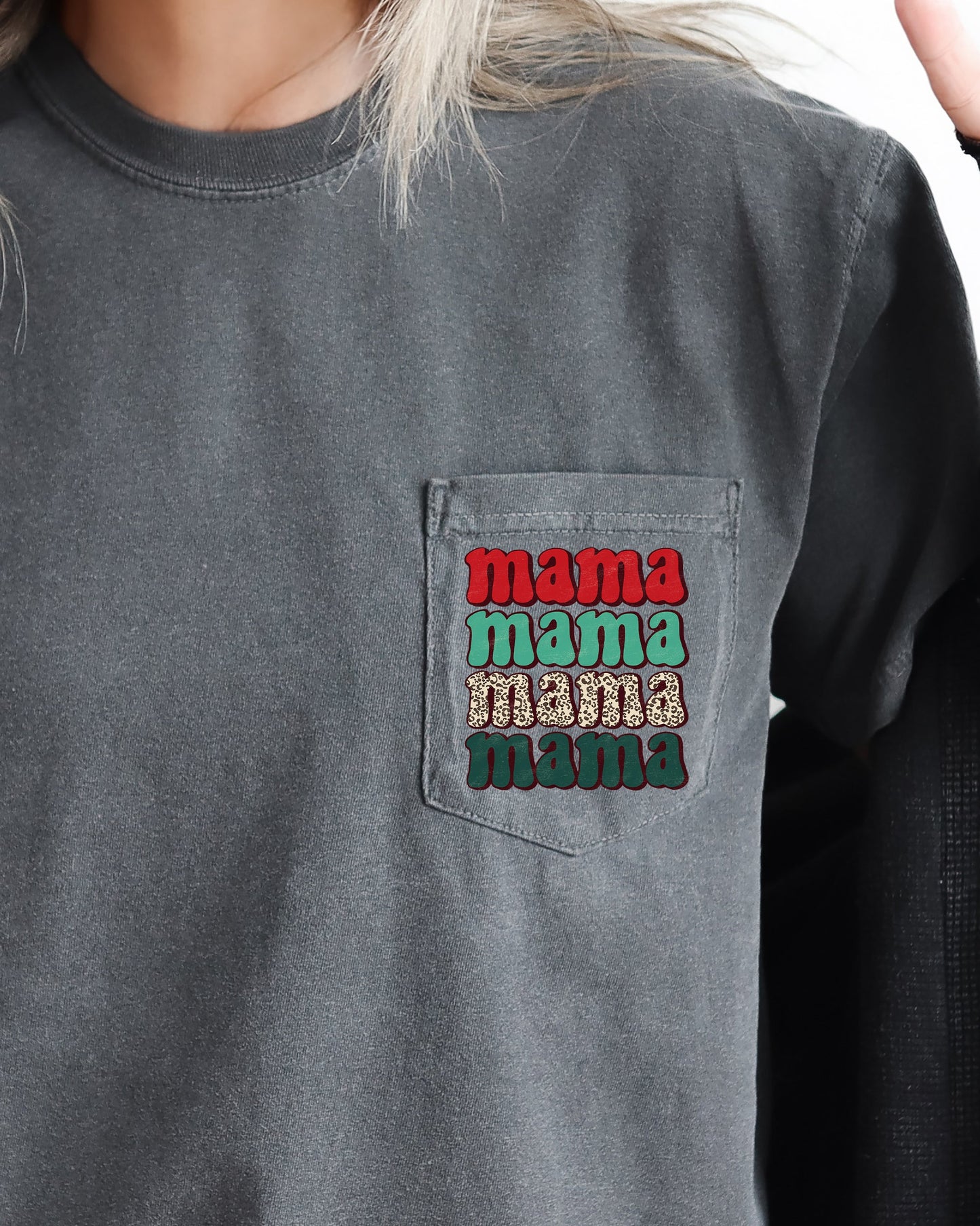 Mama Mama Mama Mama, Christmas Pocket, Leopard Print, Red, Green, Winter, Snow, Xmas Pocket Tee Comfort Colors T-Shirt