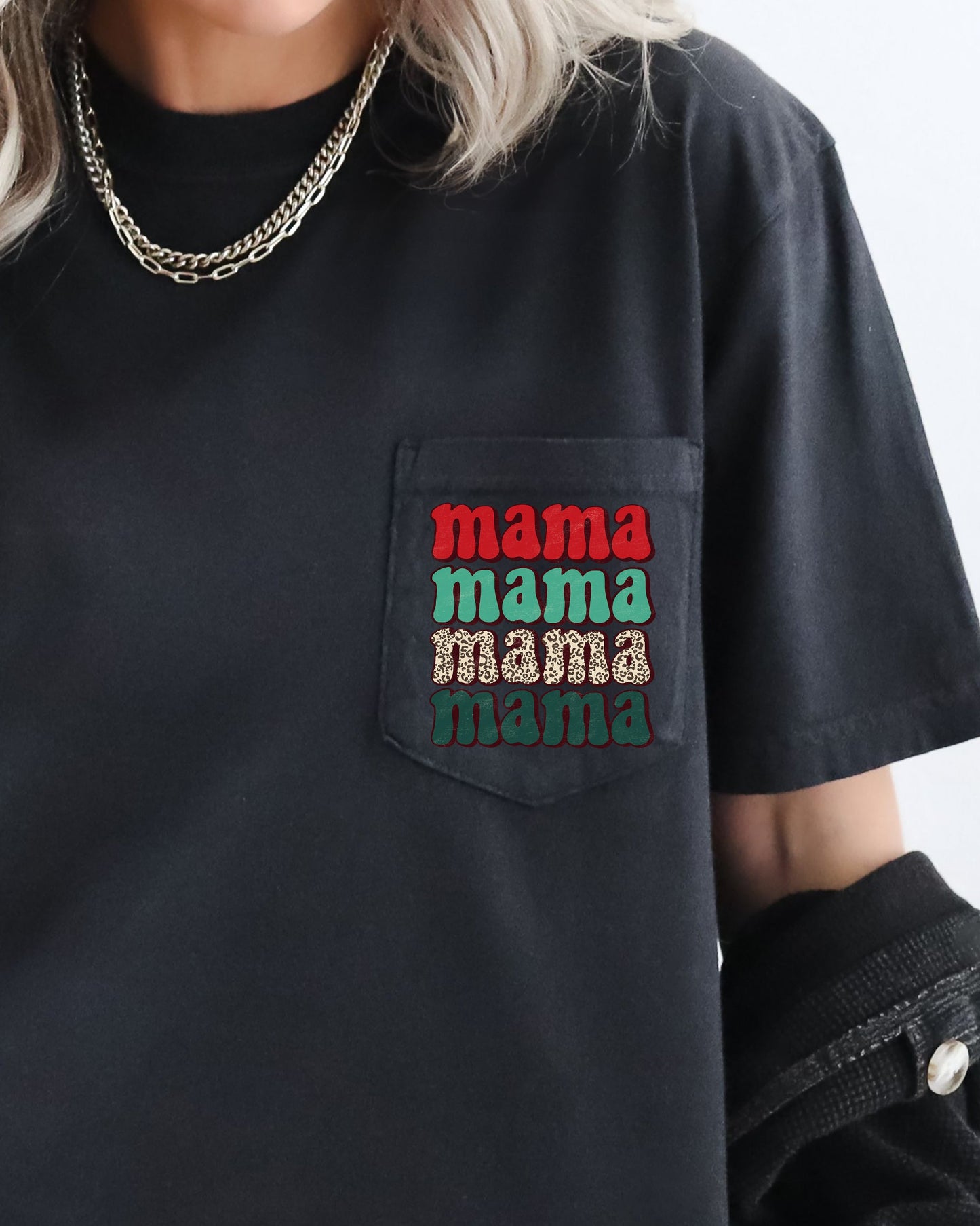 Mama Mama Mama Mama, Christmas Pocket, Leopard Print, Red, Green, Winter, Snow, Xmas Pocket Tee Comfort Colors T-Shirt