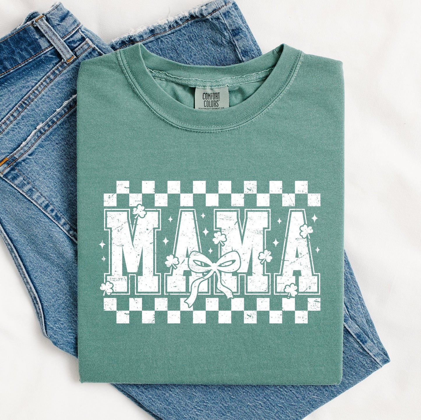 Mama, Checkered, Bow, Ribbon, St Patrick's Day, Shamrock, Clover, Lucky, Leprechaun Tshirt Comfort Colors T-Shirt