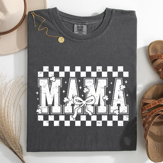 Mama, Checkered, Bow, Ribbon, St Patrick's Day, Shamrock, Clover, Lucky, Leprechaun Tshirt Comfort Colors T-Shirt