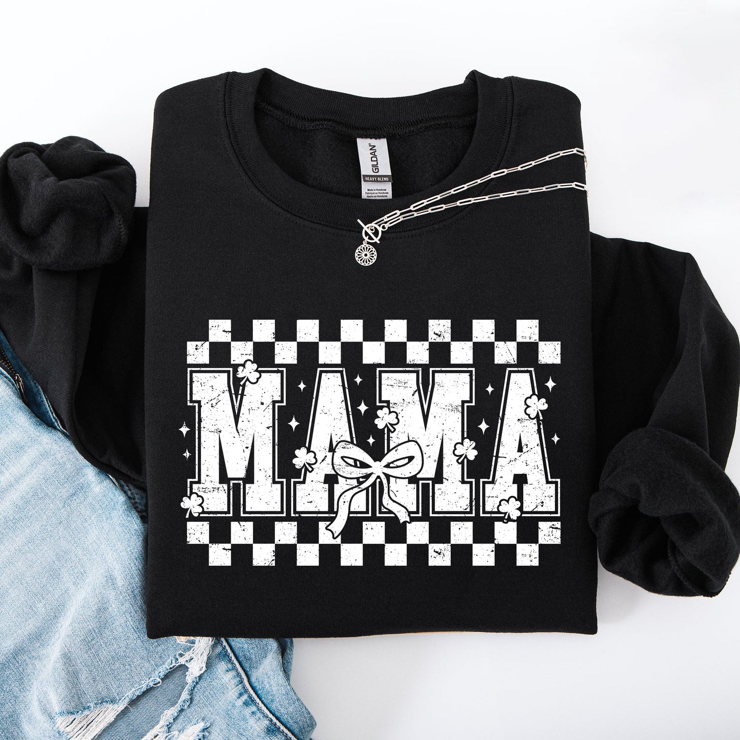 Mama, Checkered, Bow, Ribbon, St Patrick's Day, Shamrock, Clover, Lucky, Leprechaun Sweatshirt