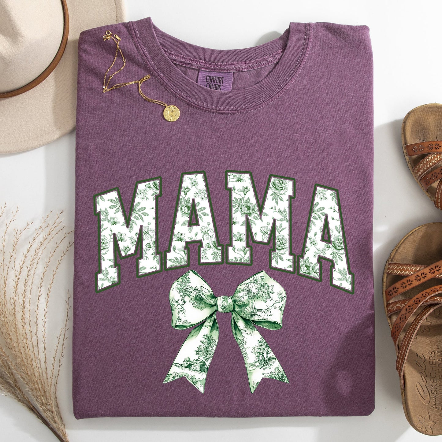 Mama, Chinoiserie, Coquette, Bow, Ribbon, St Patrick's Day, Shamrock, Clover, Lucky, Leprechaun Tshirt Comfort Colors T-Shirt