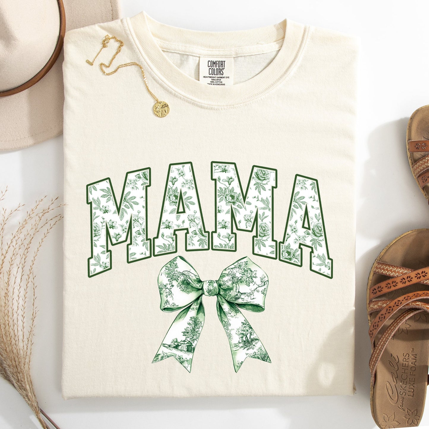 Mama, Chinoiserie, Coquette, Bow, Ribbon, St Patrick's Day, Shamrock, Clover, Lucky, Leprechaun Tshirt Comfort Colors T-Shirt