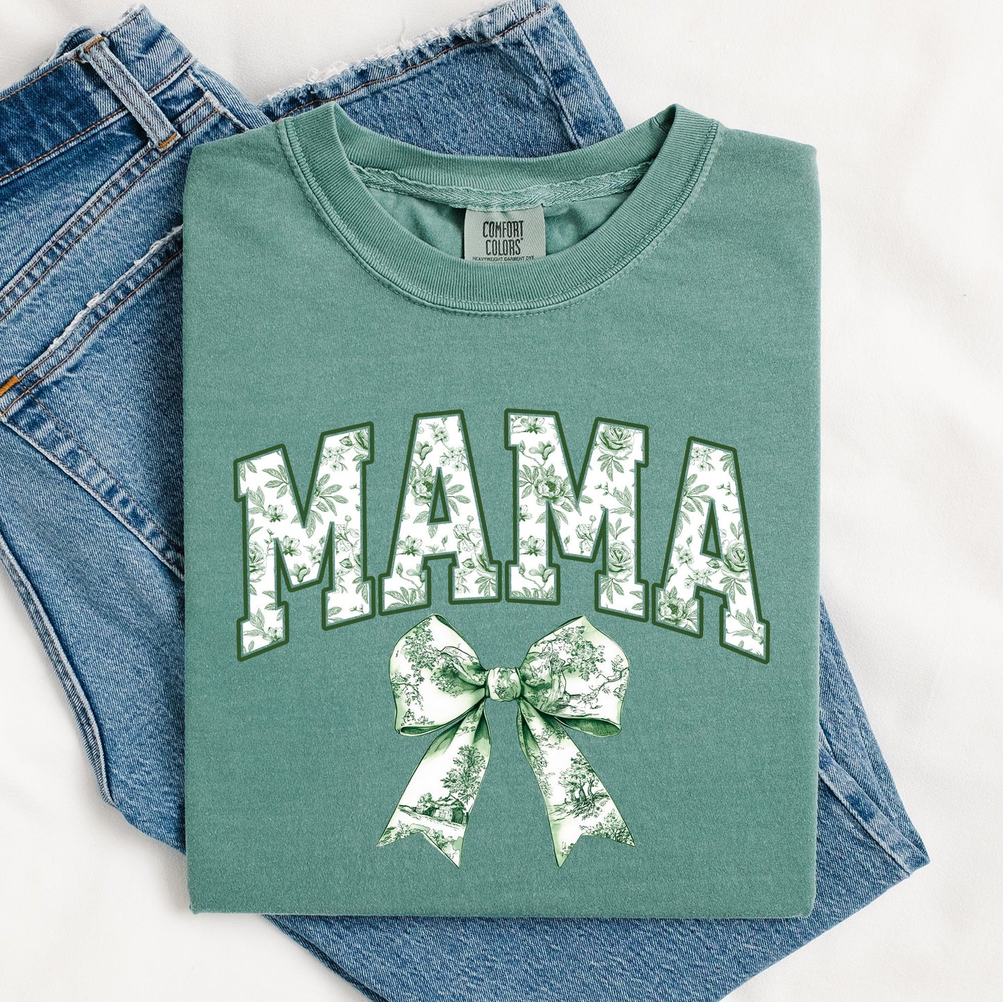 Mama, Chinoiserie, Coquette, Bow, Ribbon, St Patrick's Day, Shamrock, Clover, Lucky, Leprechaun Tshirt Comfort Colors T-Shirt