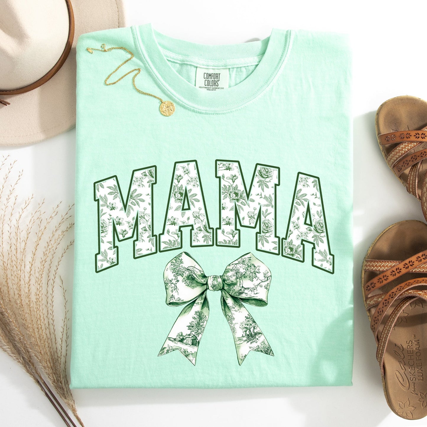 Mama, Chinoiserie, Coquette, Bow, Ribbon, St Patrick's Day, Shamrock, Clover, Lucky, Leprechaun Tshirt Comfort Colors T-Shirt