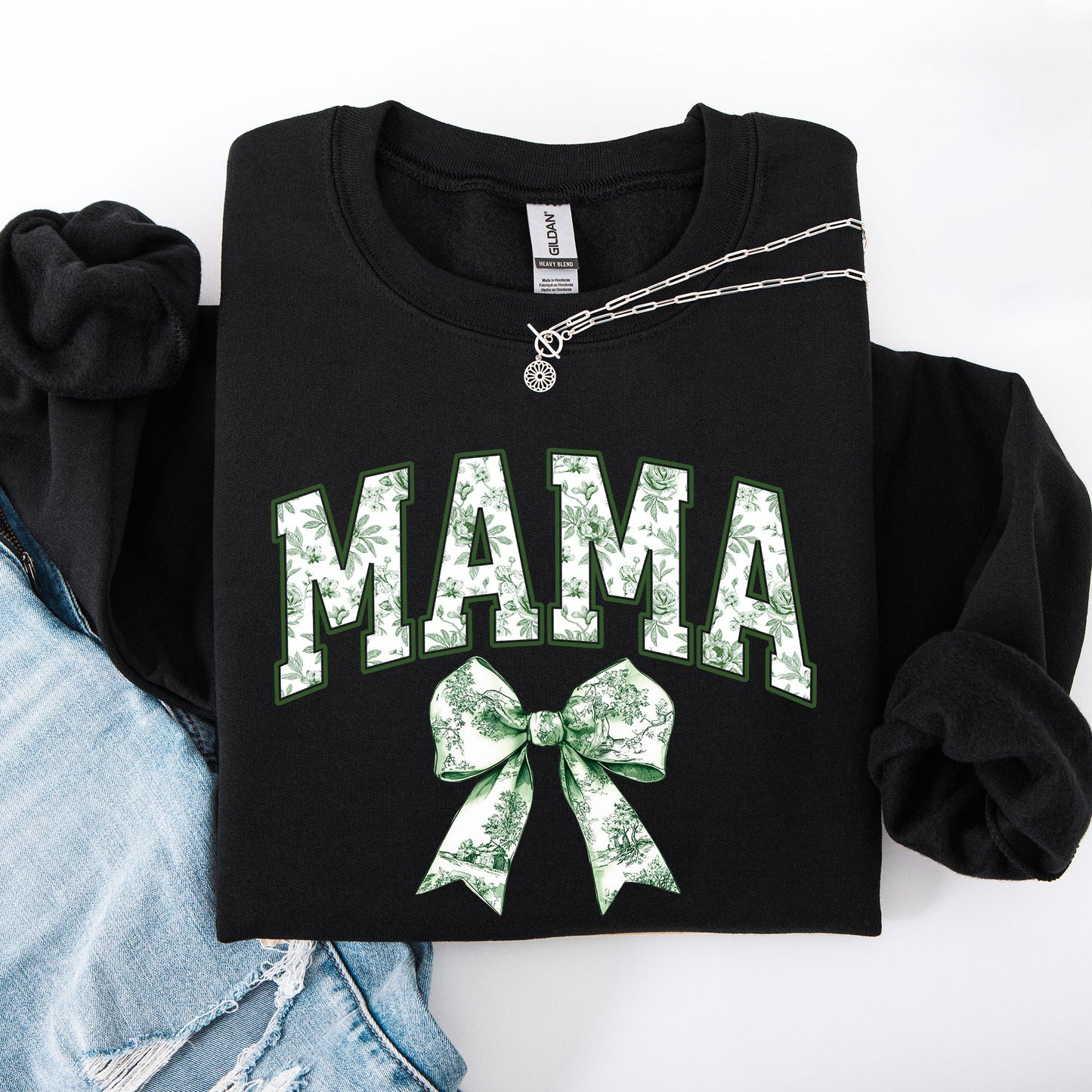 Mama, Chinoiserie, Coquette, Bow, Ribbon, St Patrick's Day, Shamrock, Clover, Lucky, Leprechaun Sweatshirt
