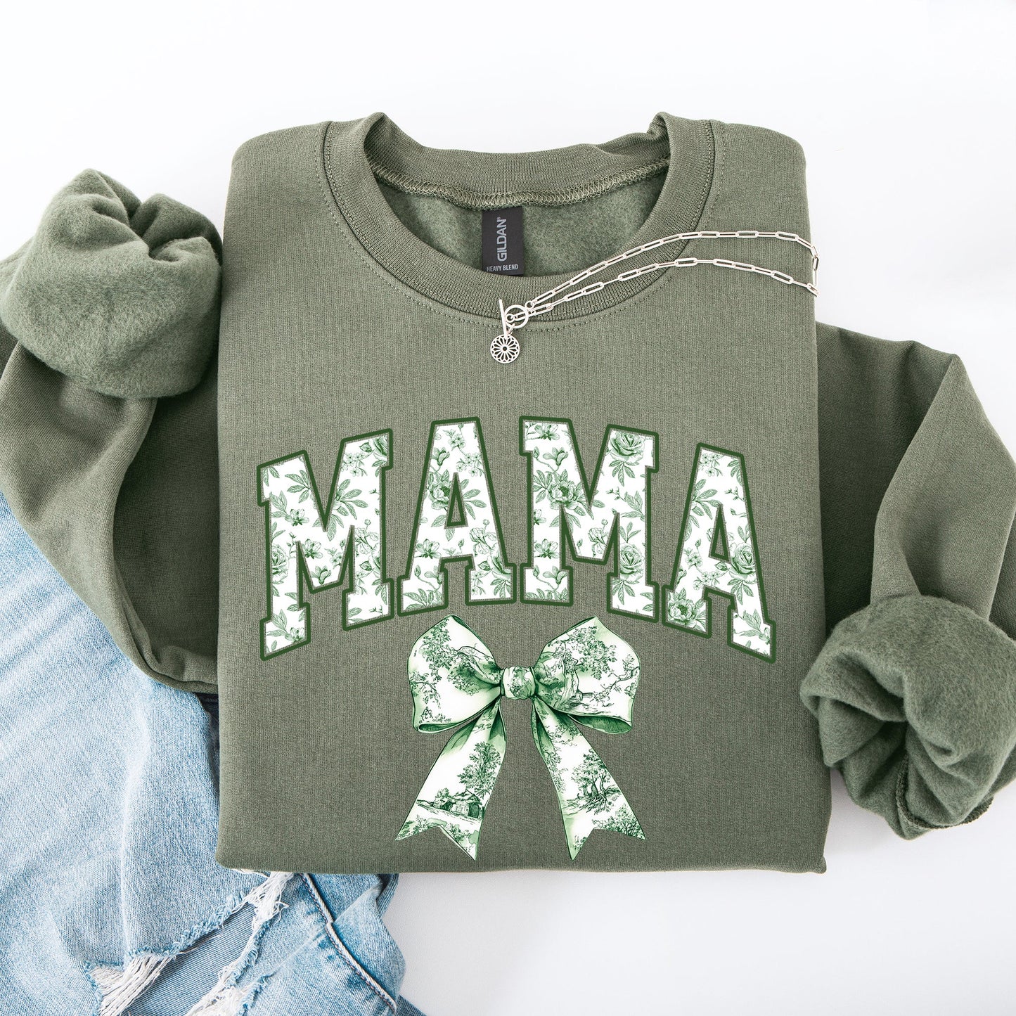 Mama, Chinoiserie, Coquette, Bow, Ribbon, St Patrick's Day, Shamrock, Clover, Lucky, Leprechaun Sweatshirt