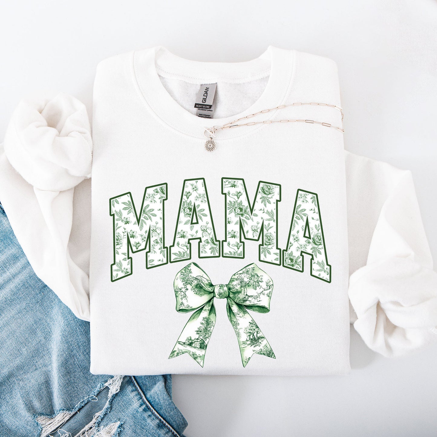 Mama, Chinoiserie, Coquette, Bow, Ribbon, St Patrick's Day, Shamrock, Clover, Lucky, Leprechaun Sweatshirt