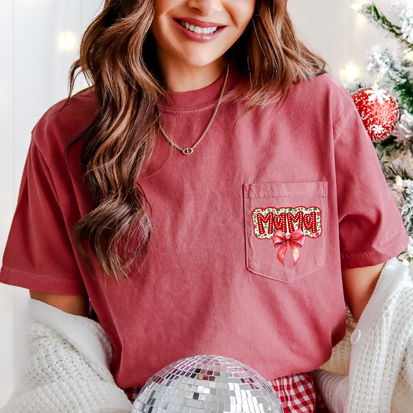 Mama, Christmas Bow, Retro Pocket, Santa, Winter Pocket Tee Comfort Colors T-Shirt