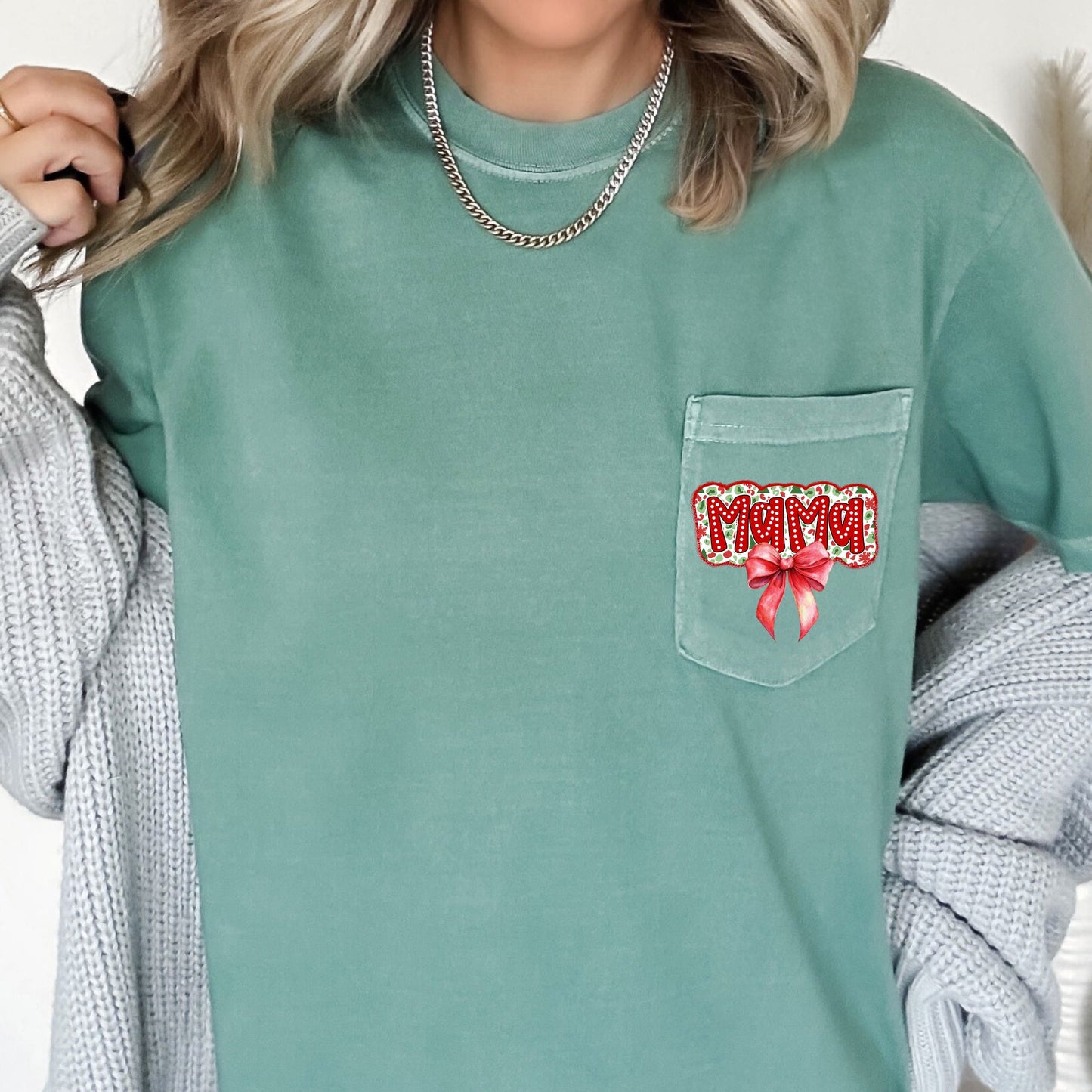 Mama, Christmas Bow, Retro Pocket, Santa, Winter Pocket Tee Comfort Colors T-Shirt