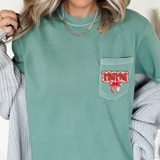 Mama, Christmas Bow, Retro Pocket, Santa, Winter Pocket Tee Comfort Colors T-Shirt