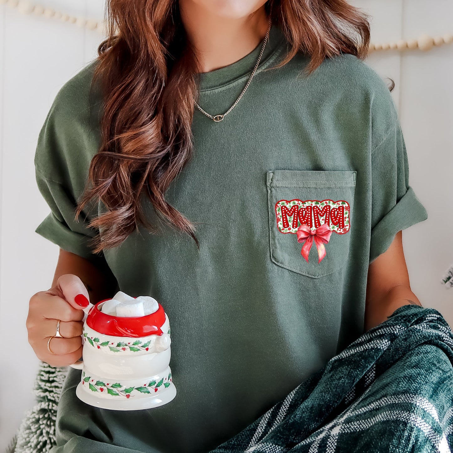 Mama, Christmas Bow, Retro Pocket, Santa, Winter Pocket Tee Comfort Colors T-Shirt