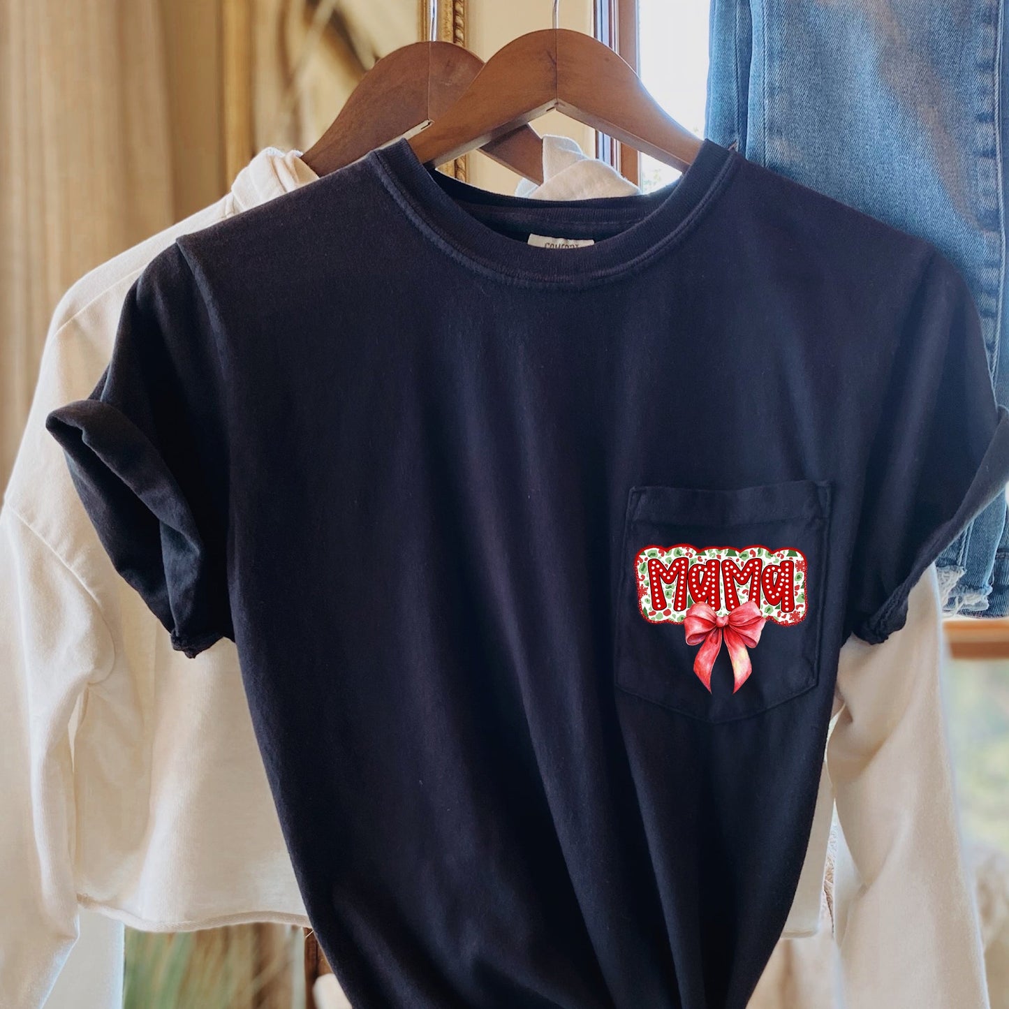 Mama, Christmas Bow, Retro Pocket, Santa, Winter Pocket Tee Comfort Colors T-Shirt