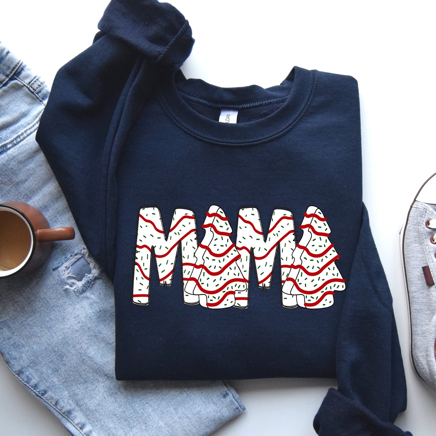Mama, Christmas Cake, Santa, Winter, Snow, Varsity, Retro, Vintage Sweatshirt