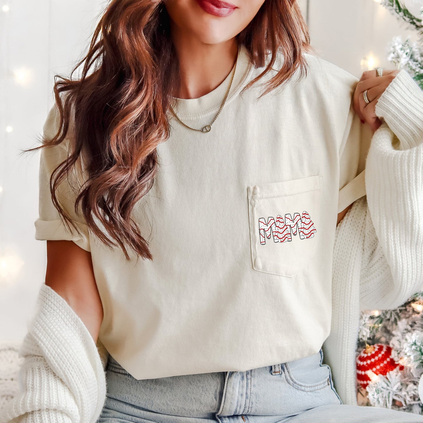 Mama, Christmas Cake, Sweet, Santa, Pocket Tee Comfort Colors T-Shirt