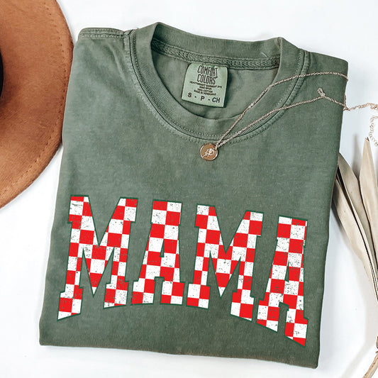 Mama, Christmas Checkered, Red, White, Santa, Varsity, Retro, Vintage Tshirt Comfort Colors T-Shirt