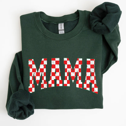 Mama, Christmas Checkered, Red, White, Santa, Varsity, Retro, Vintage Sweatshirt