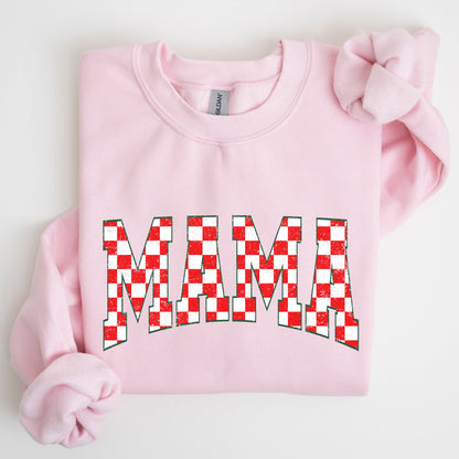 Mama, Christmas Checkered, Red, White, Santa, Varsity, Retro, Vintage Sweatshirt