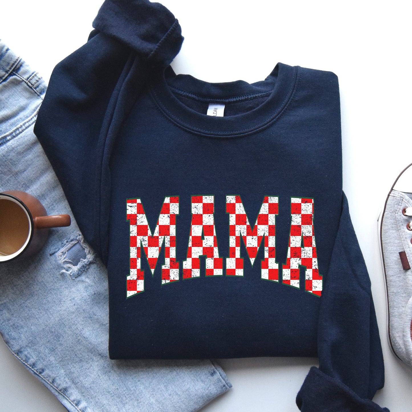 Mama, Christmas Checkered, Red, White, Santa, Varsity, Retro, Vintage Sweatshirt