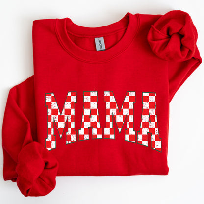 Mama, Christmas Checkered, Red, White, Santa, Varsity, Retro, Vintage Sweatshirt