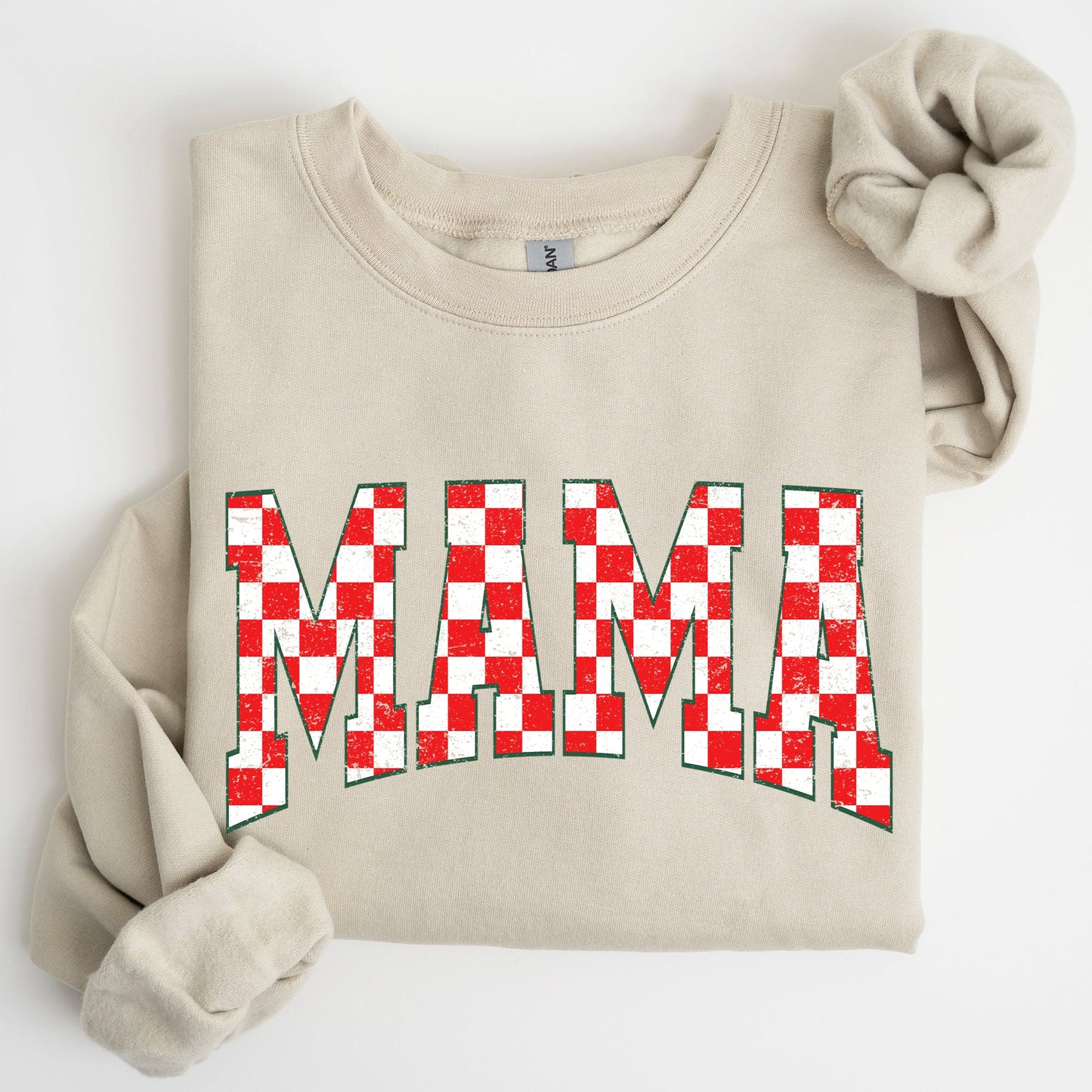 Mama, Christmas Checkered, Red, White, Santa, Varsity, Retro, Vintage Sweatshirt