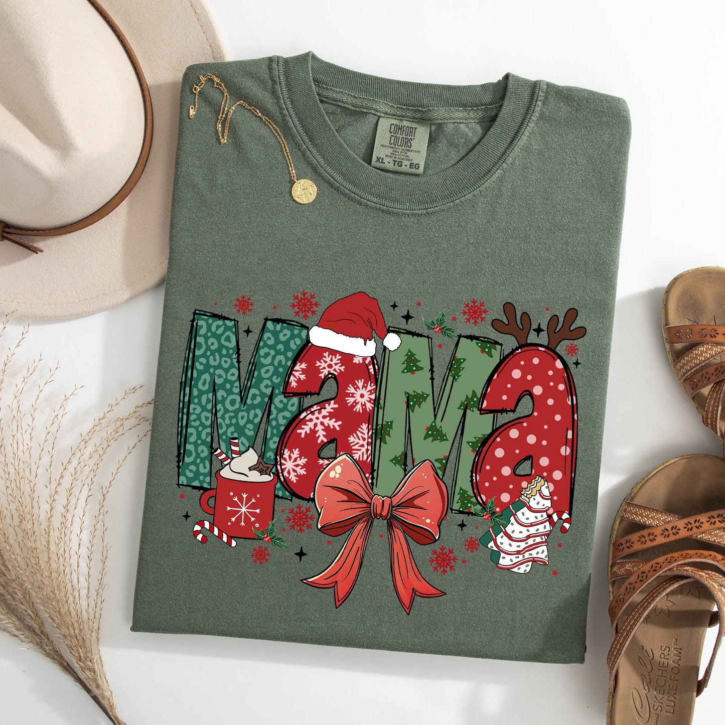 Mama, Christmas Fun, Reindeer, Hot Chocolate, Cake Tshirt Comfort Colors T-Shirt