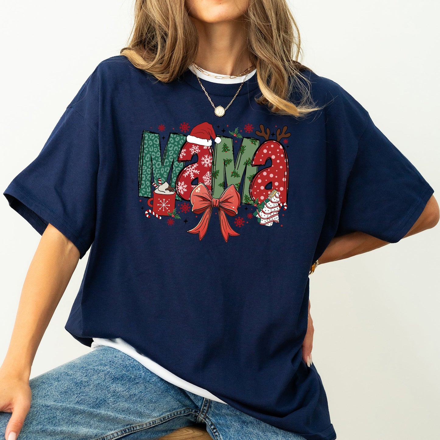 Mama, Christmas Fun, Reindeer, Hot Chocolate, Cake Tshirt Comfort Colors T-Shirt