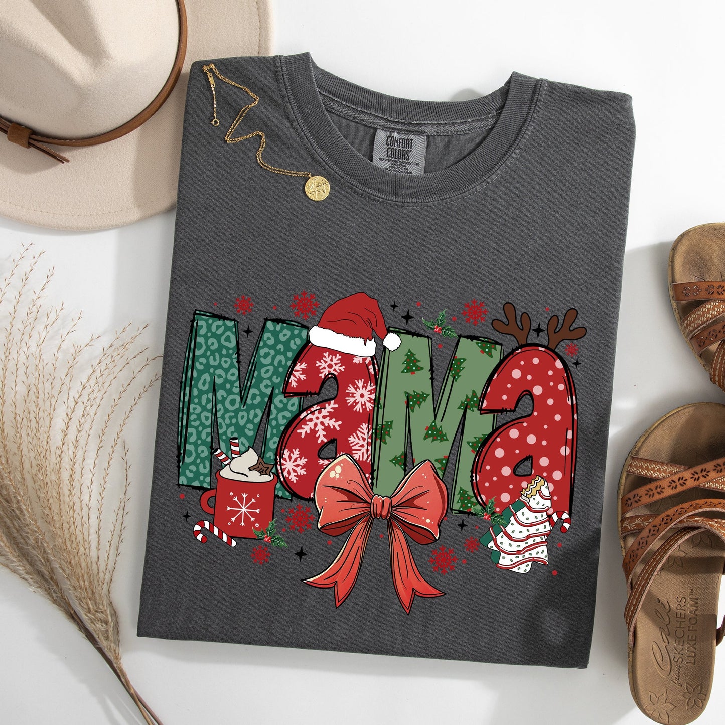 Mama, Christmas Fun, Reindeer, Hot Chocolate, Cake Tshirt Comfort Colors T-Shirt