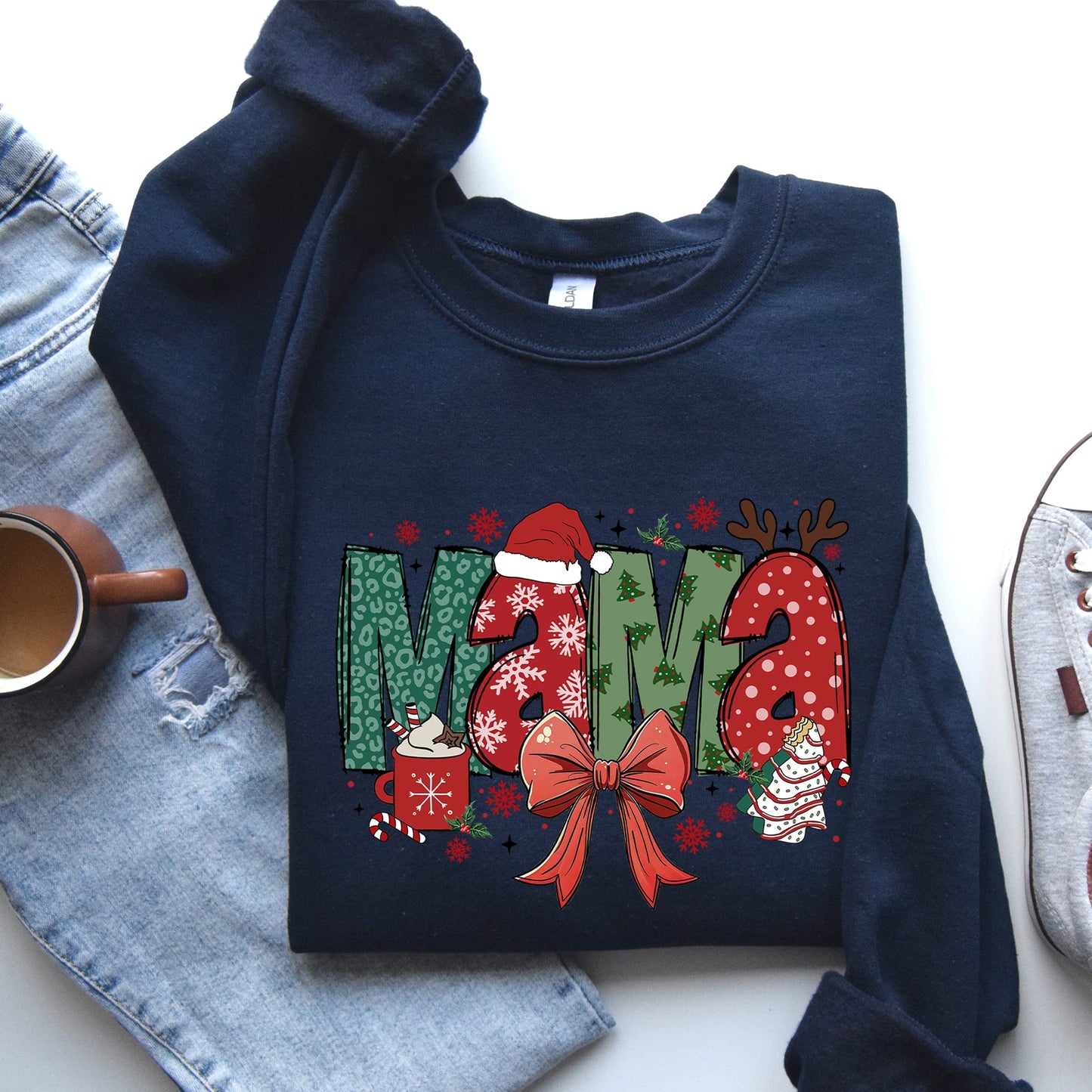Mama, Christmas Fun, Reindeer, Hot Chocolate, Cake Sweatshirt