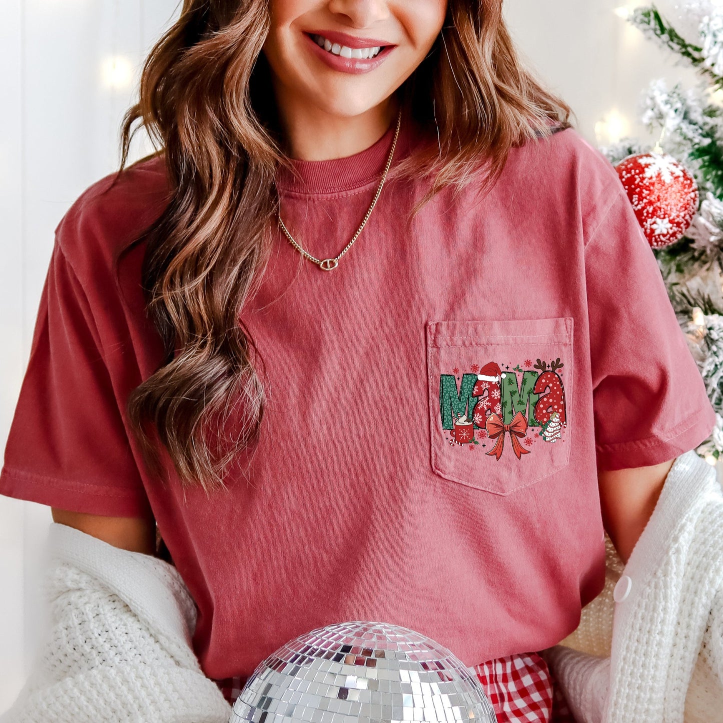 Mama, Christmas, Retro, Reindeer, Santa, Cakes, Hot Chocolate, Pocket Tee Comfort Colors T-Shirt