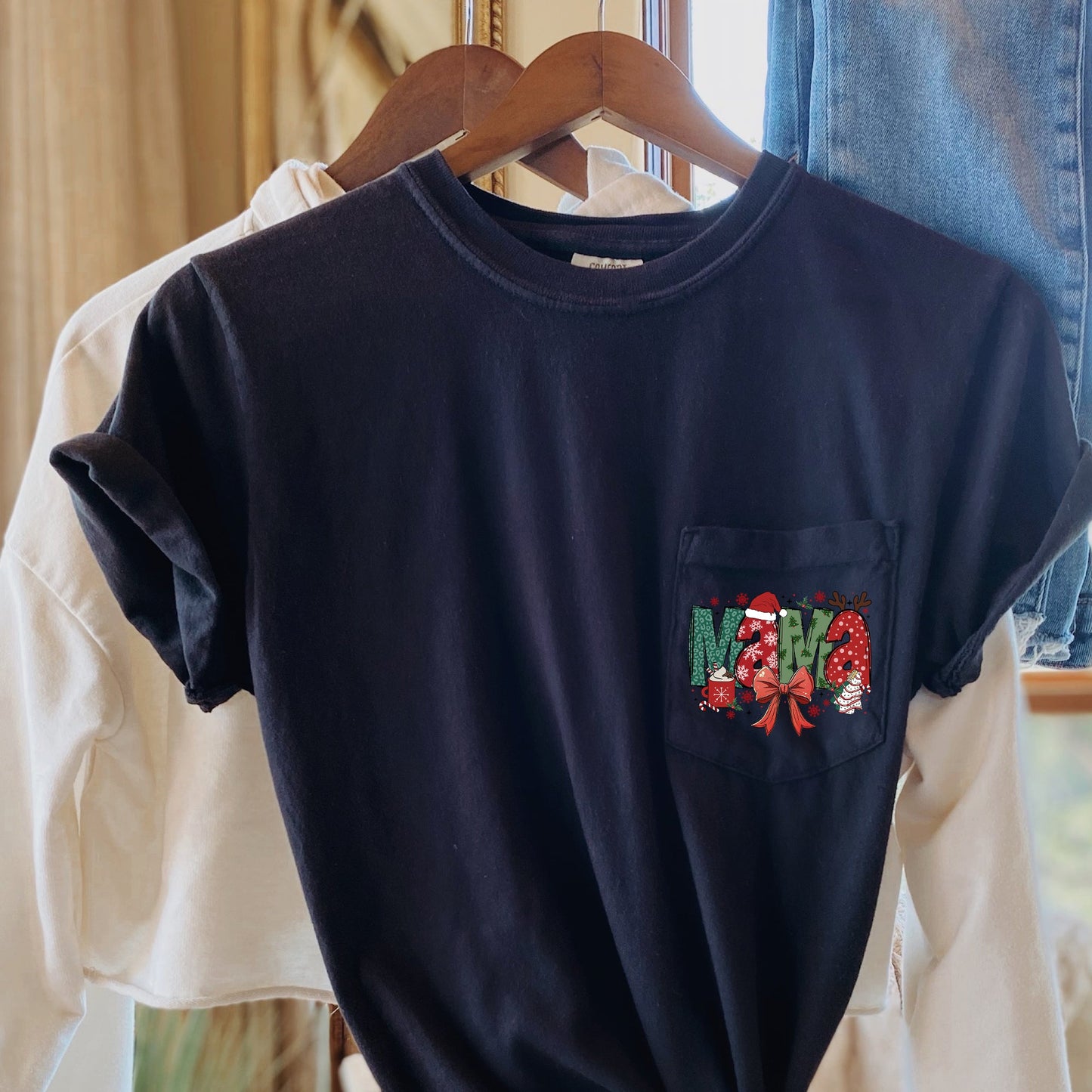 Mama, Christmas, Retro, Reindeer, Santa, Cakes, Hot Chocolate, Pocket Tee Comfort Colors T-Shirt