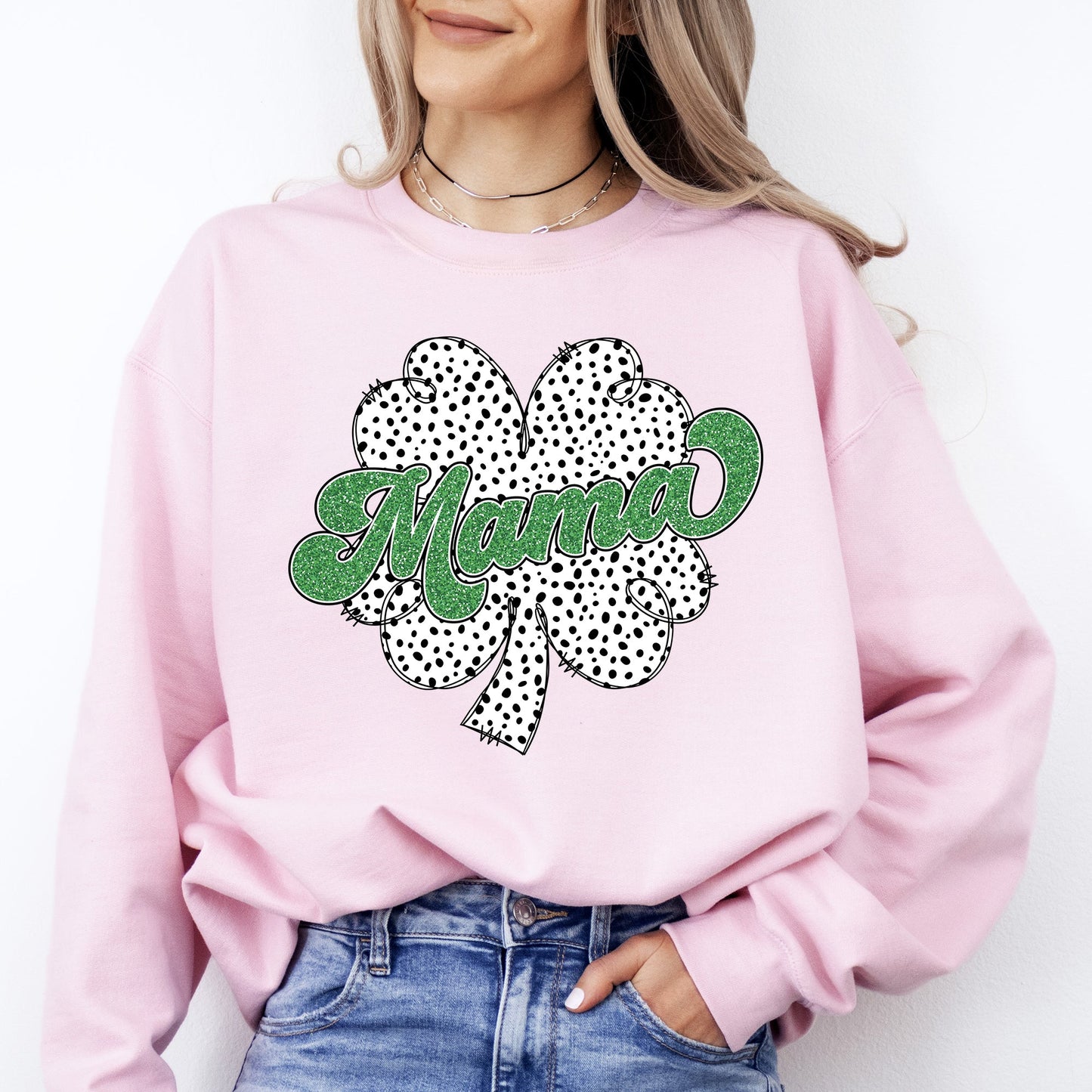 Mama, Dalmatian Print, St Patrick's Day, Shamrock, Clover, Lucky, Leprechaun Sweatshirt