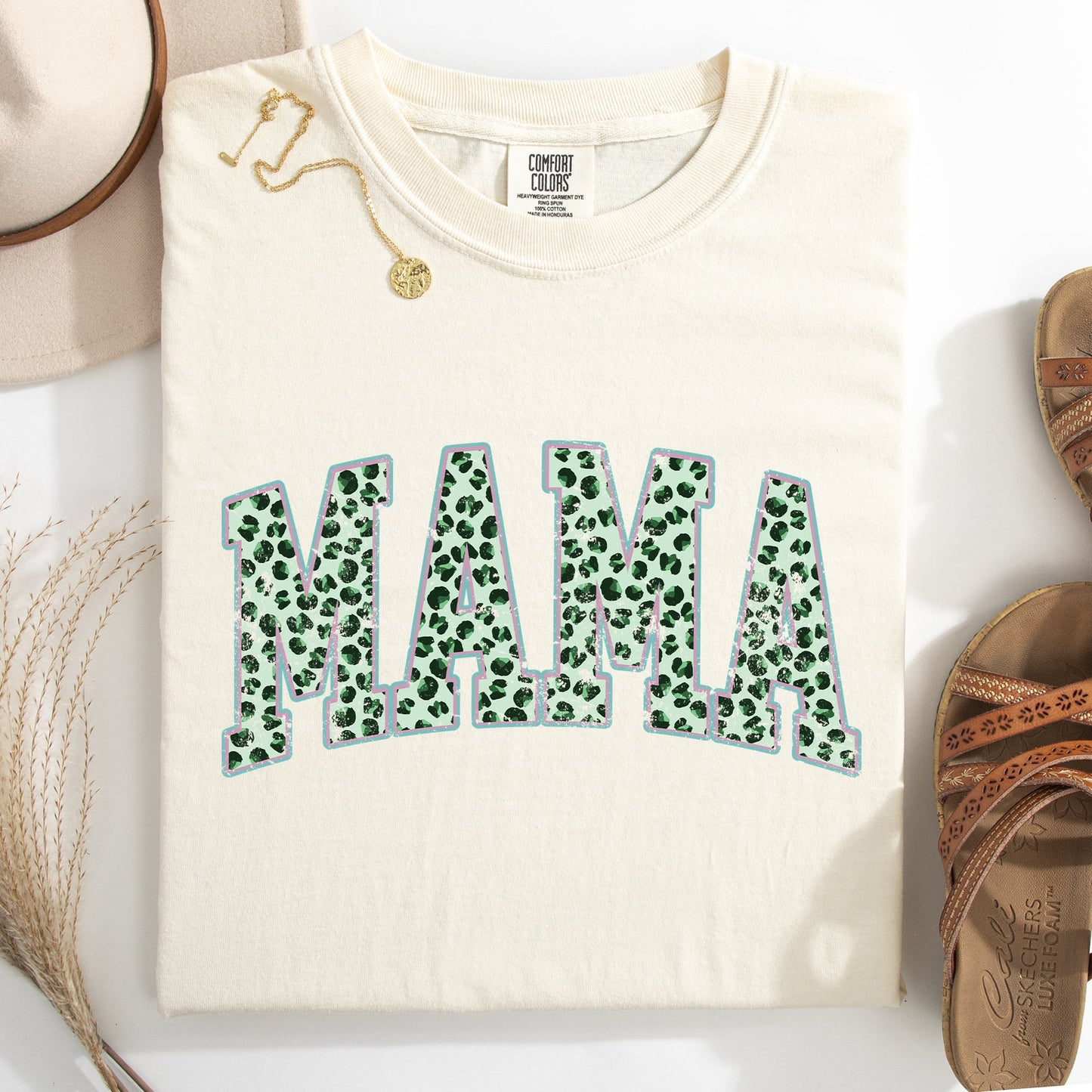 Mama, Leopard Print, Collegiate, Varsity, St Patrick's Day, Shamrock, Clover, Lucky, Leprechaun Tshirt Comfort Colors T-Shirt