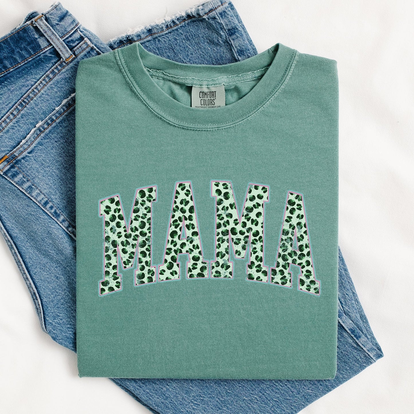Mama, Leopard Print, Collegiate, Varsity, St Patrick's Day, Shamrock, Clover, Lucky, Leprechaun Tshirt Comfort Colors T-Shirt