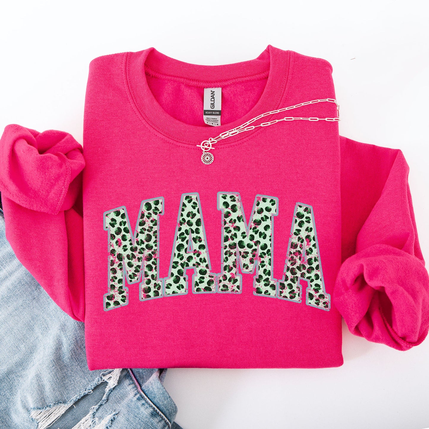 Mama, Leopard Print, Collegiate, Varsity, St Patrick's Day, Shamrock, Clover, Lucky, Leprechaun Sweatshirt