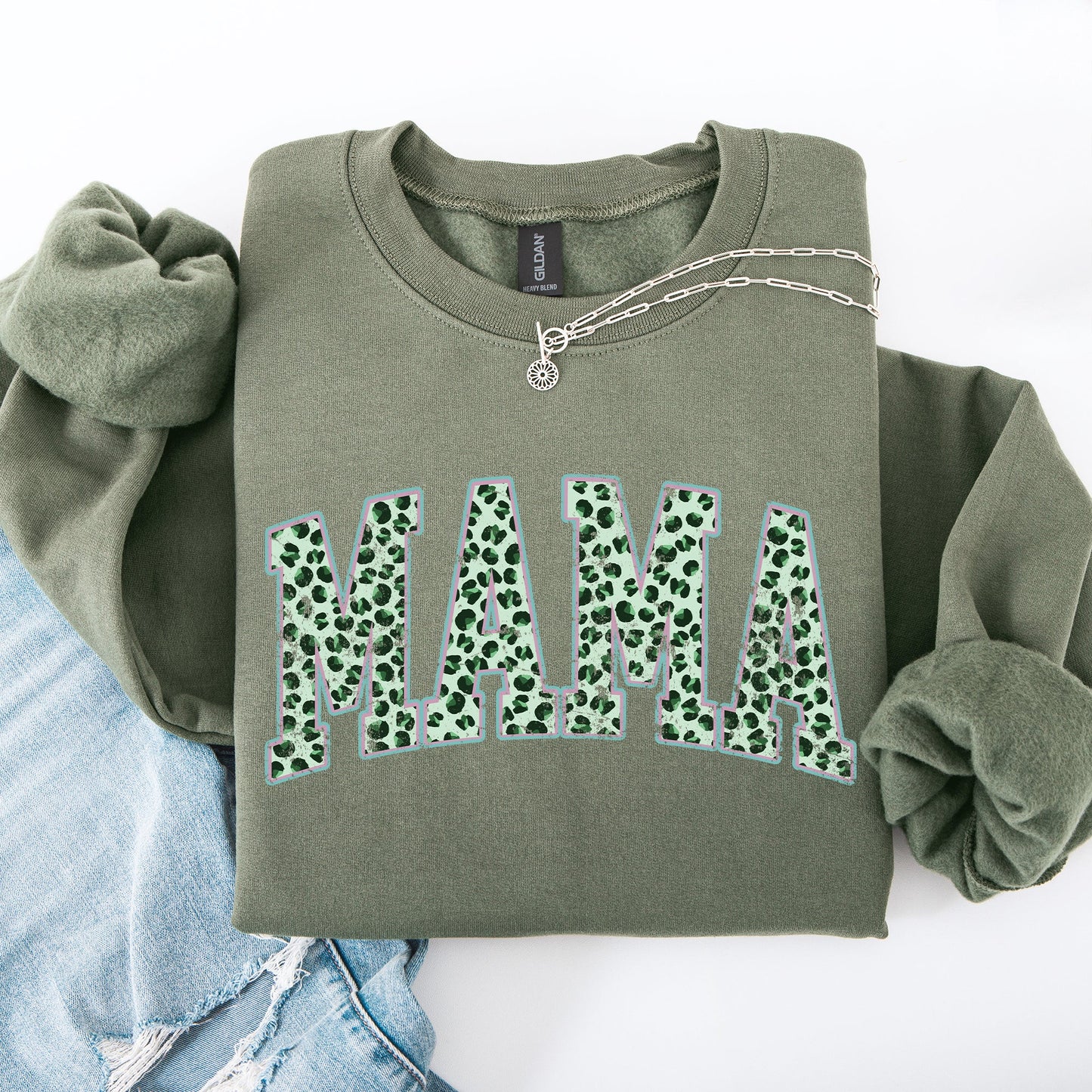 Mama, Leopard Print, Collegiate, Varsity, St Patrick's Day, Shamrock, Clover, Lucky, Leprechaun Sweatshirt
