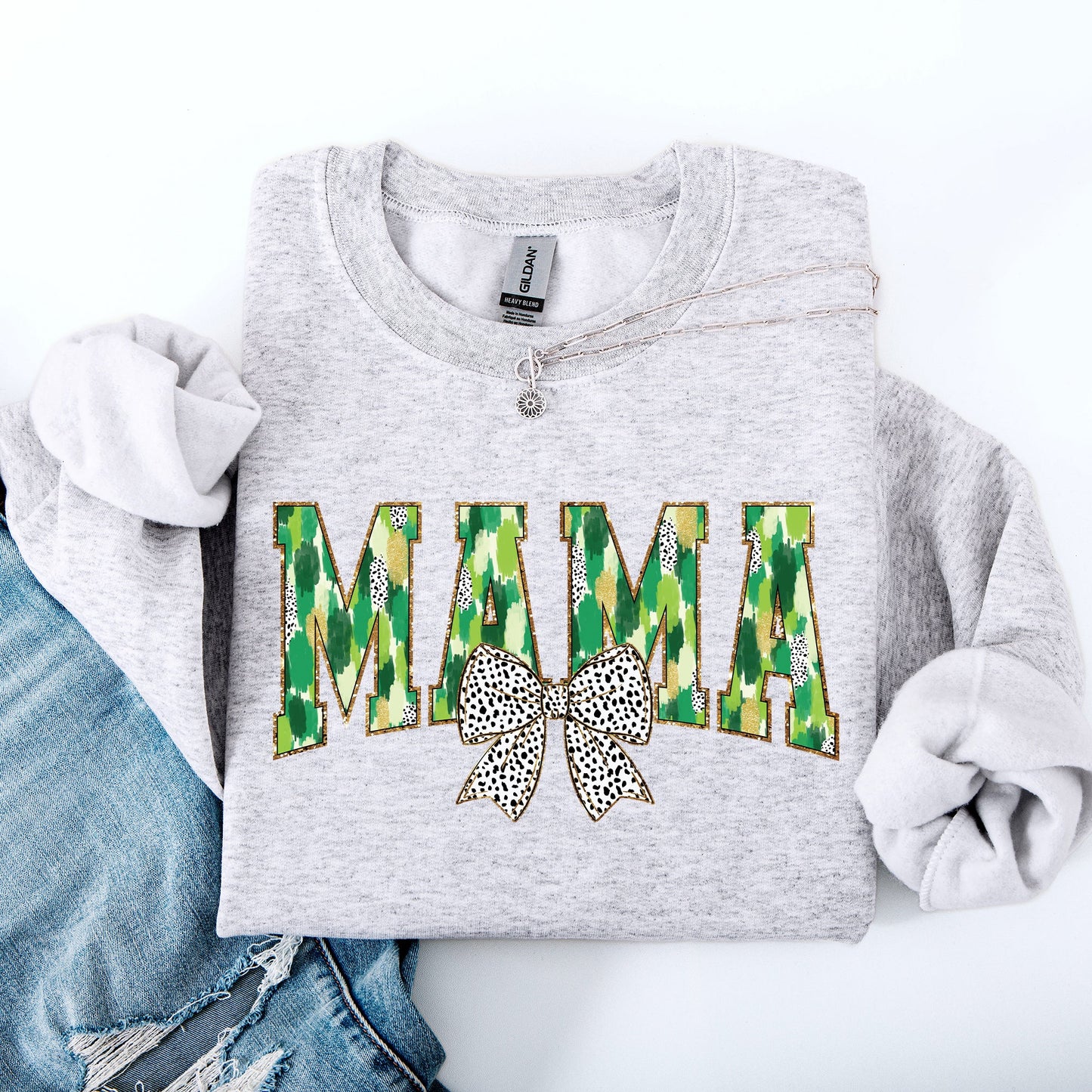Mama, Painted, Dalmatian Bow, St Patrick's Day, Shamrock, Clover, Lucky, Leprechaun Sweatshirt
