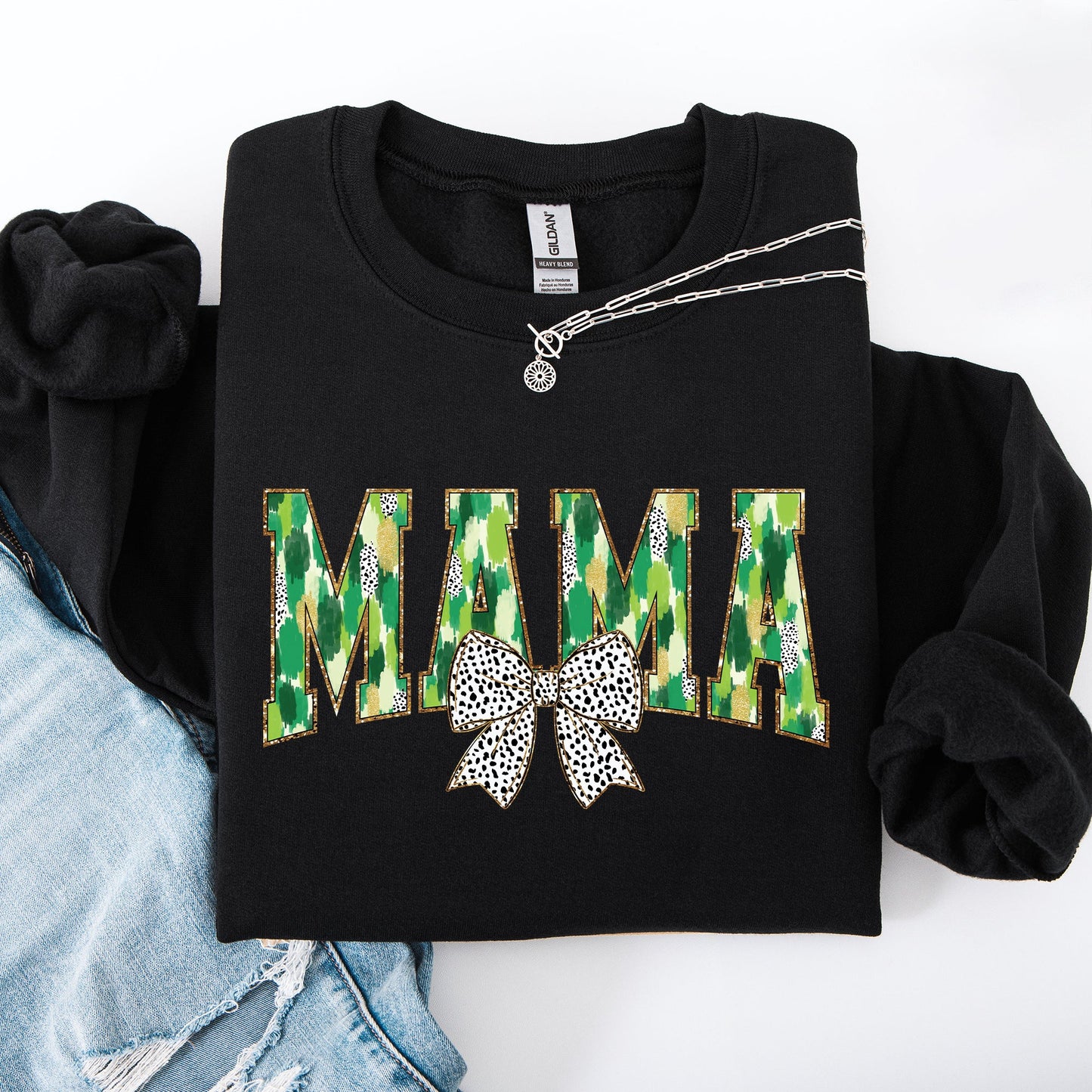 Mama, Painted, Dalmatian Bow, St Patrick's Day, Shamrock, Clover, Lucky, Leprechaun Sweatshirt
