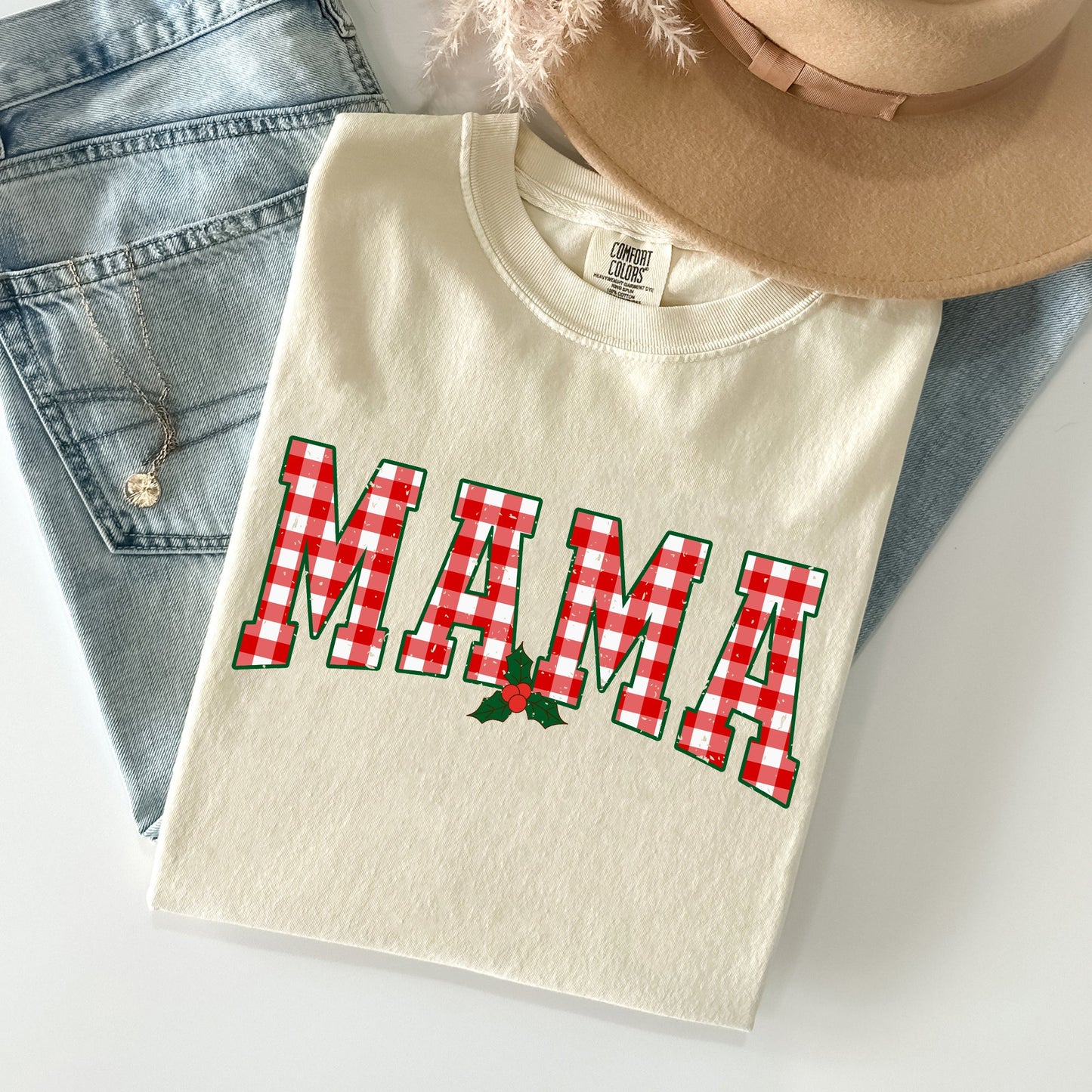 Mama, Red Checkered Christmas Plaid, Holly, Winter, Santa, Xmas Tshirt Comfort Colors T-Shirt