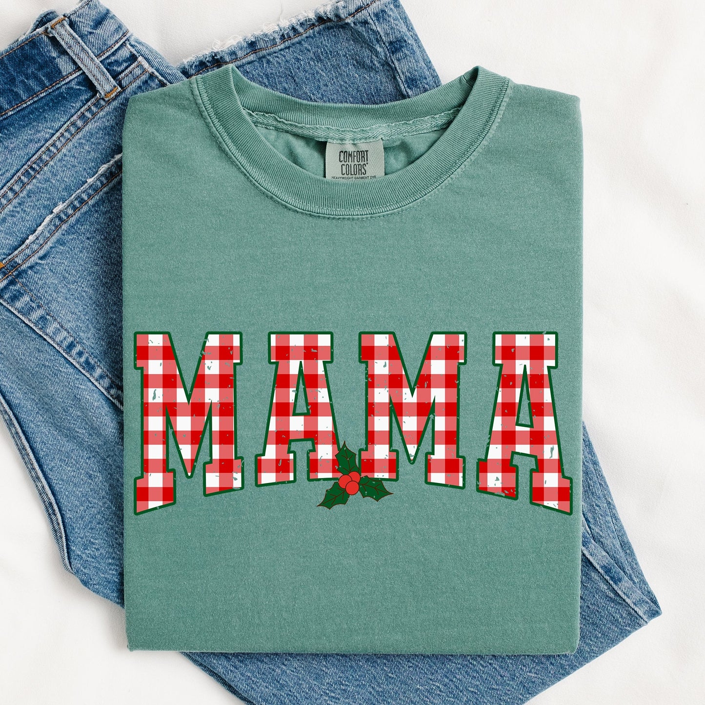Mama, Red Checkered Christmas Plaid, Holly, Winter, Santa, Xmas Tshirt Comfort Colors T-Shirt