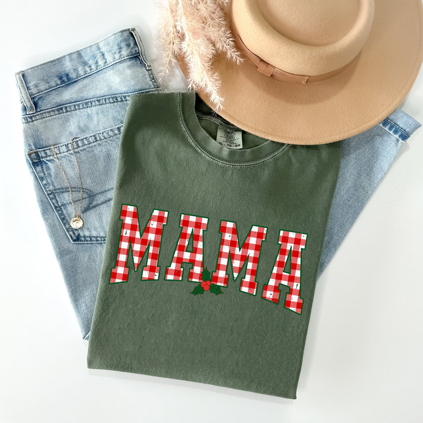 Mama, Red Checkered Christmas Plaid, Holly, Winter, Santa, Xmas Tshirt Comfort Colors T-Shirt