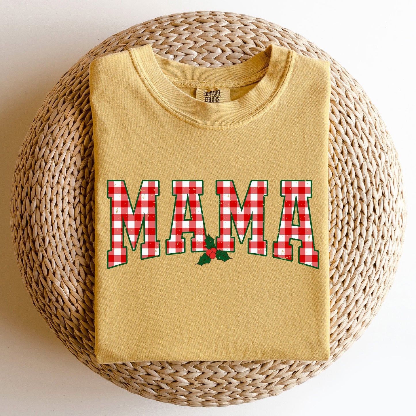Mama, Red Checkered Christmas Plaid, Holly, Winter, Santa, Xmas Tshirt Comfort Colors T-Shirt
