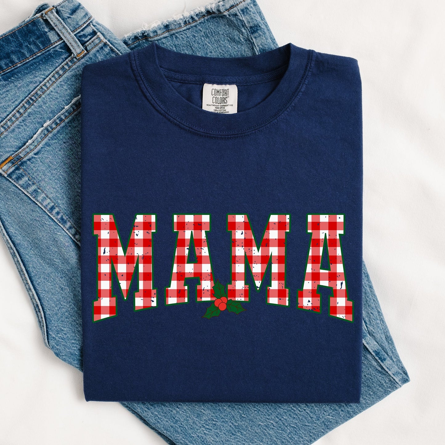 Mama, Red Checkered Christmas Plaid, Holly, Winter, Santa, Xmas Tshirt Comfort Colors T-Shirt