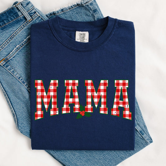Mama, Red Checkered Christmas Plaid, Holly, Winter, Santa, Xmas Tshirt Comfort Colors T-Shirt