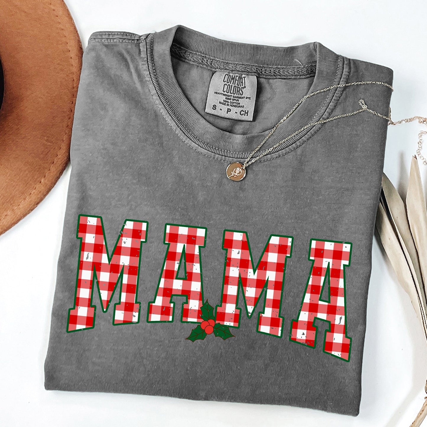 Mama, Red Checkered Christmas Plaid, Holly, Winter, Santa, Xmas Tshirt Comfort Colors T-Shirt