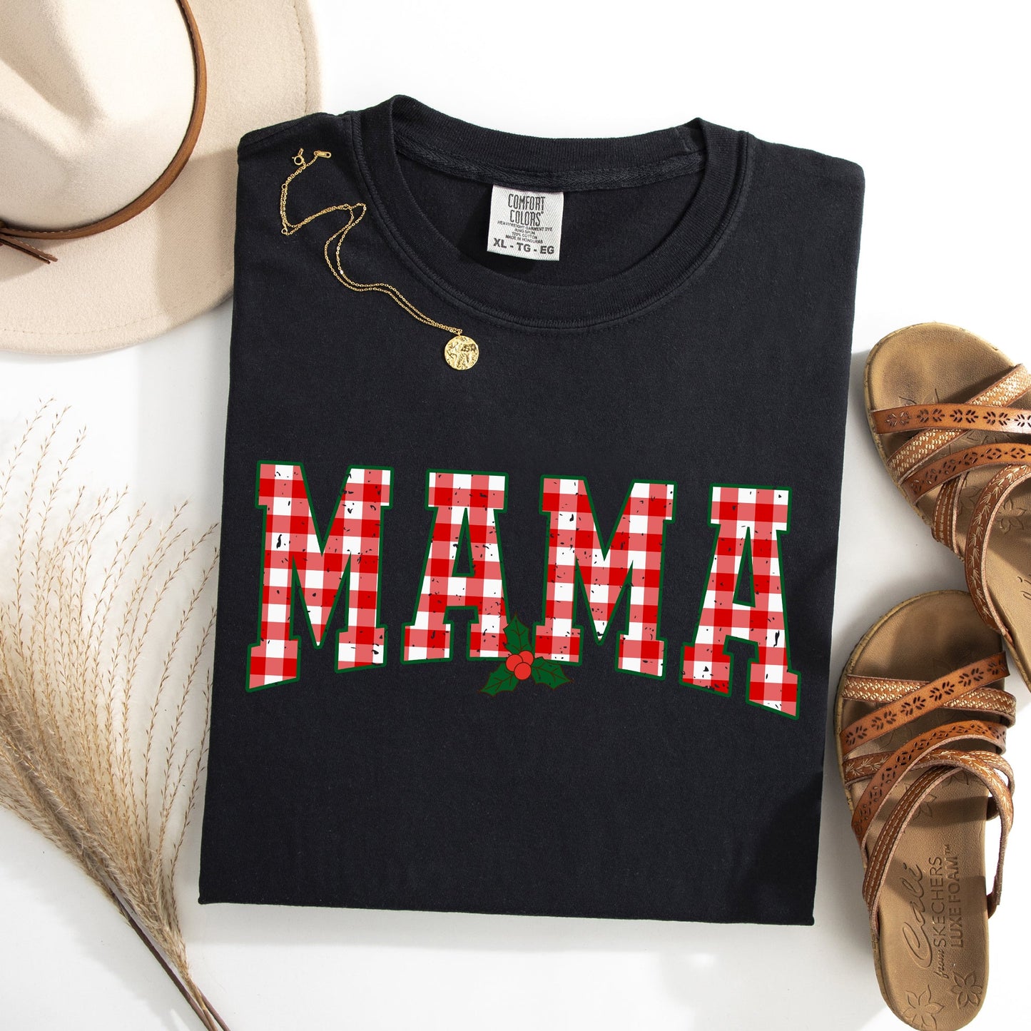 Mama, Red Checkered Christmas Plaid, Holly, Winter, Santa, Xmas Tshirt Comfort Colors T-Shirt